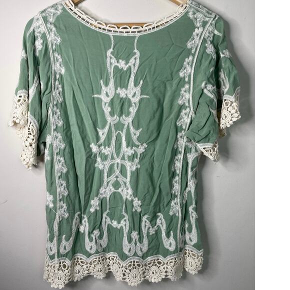 Leo Nicole Embroidered Scoop Neck Short Sleeve Crochet Trim Green Cream Size M - Picture 3 of 7